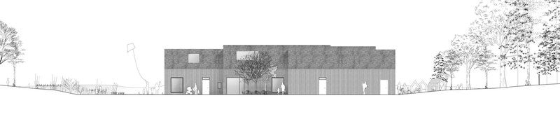 Elevation drawing showing a timber-clad volume with central courtyard opening flanked by trees