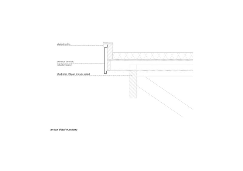 Vertical detail section drawing showing overhang connection with aluminum formwork and angled beam below