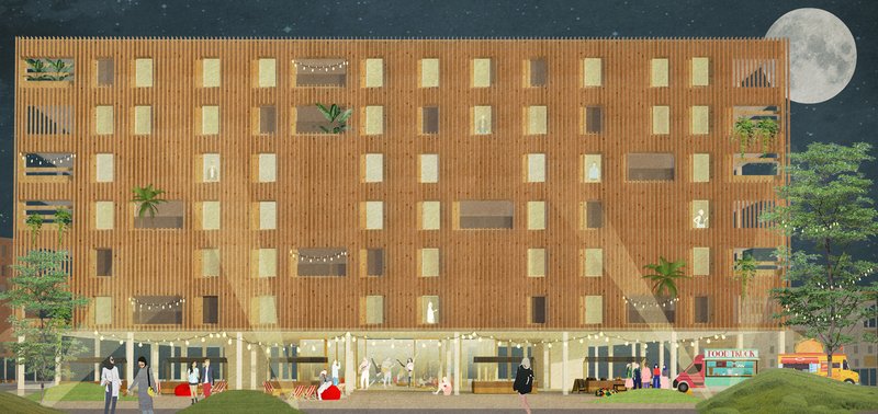 A striking view of the 3-Living building illuminated under the night sky, showcasing its modular wooden design.