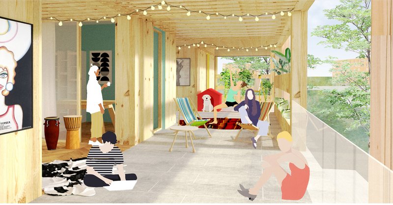 Semi-private spaces promoting relaxation and connection, featuring greenery and a homely ambiance.