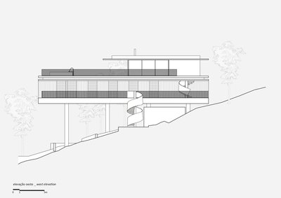 The image presents a west elevation of a modern residential building situated on a hillside. The str