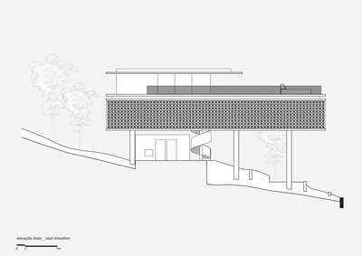 The image presents an east elevation drawing of a modern house situated on a hillside. The design fe