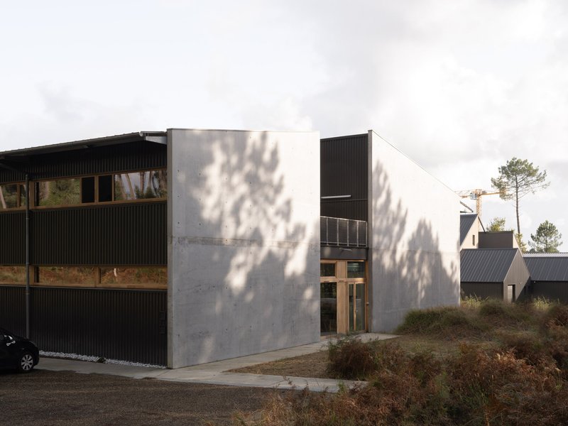 Concrete and corrugated metal facade with dappled tree shadows falling across the entrance wall