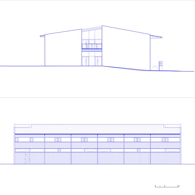 Elevation drawings showing the glazed entry pavilion and the horizontal facade with vertical louvers