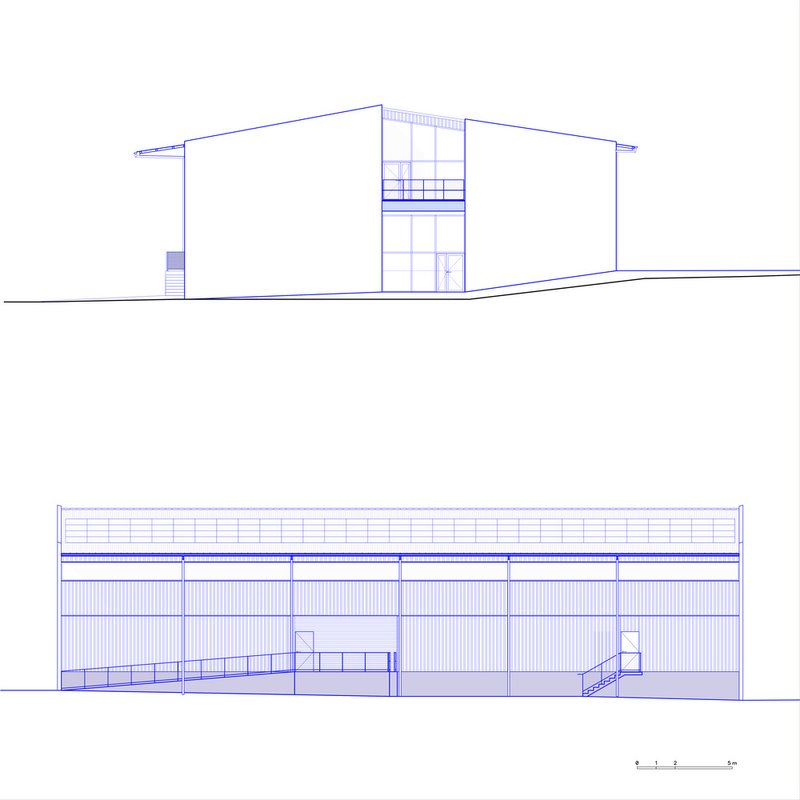 Elevation drawings showing the pitched roof entry and the long facade with staircases at each end