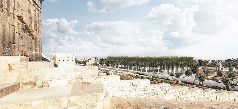 The view from Aleppo’s historic Citadel overlooking the Phoenix Garden, showcasing the harmony between heritage and modern design.