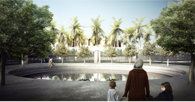 A peaceful gathering area surrounded by nature, representing hope and new beginnings for Aleppo.