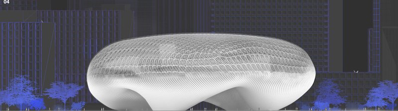 Exterior view of the Bubble Hub: a translucent organic dome raised on legs above the urban ground plane, with the city skyline behind