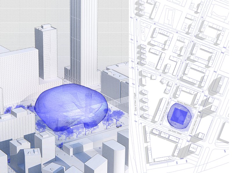 Aerial view of the translucent blue dome sitting within an urban block (left) and the corresponding site plan showing its footprint in context (right)