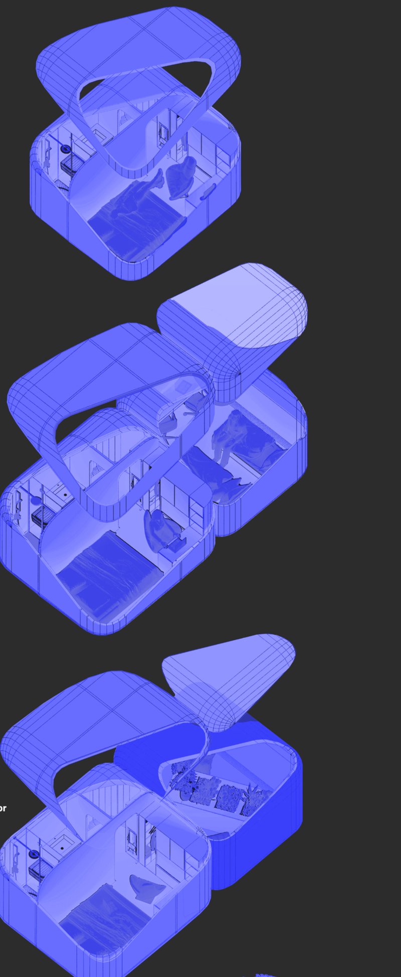 Blue wireframe axonometric showing three private unit types stacked vertically, each with bed, kitchen, bathroom, and a curved rooftop terrace