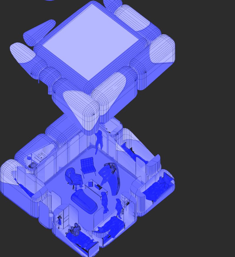Blue wireframe of an hourglass-shaped shared space module with furniture, workstations, and a double-height communal volume