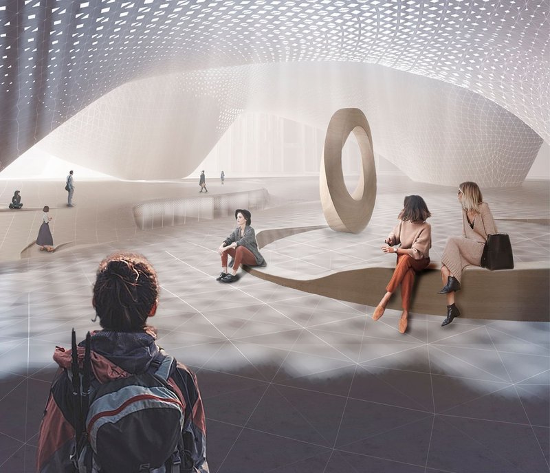 Interior of the communal hub beneath a perforated dome shell, with curved organic seating, a ring sculpture, and residents gathering informally