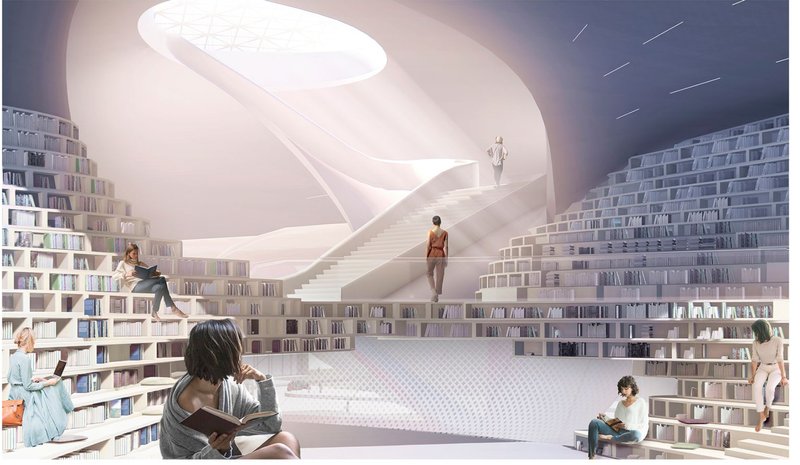 Interior library space beneath a sculptural white dome with curved bookshelves rising to the ceiling, a skylight above, and a spiral staircase