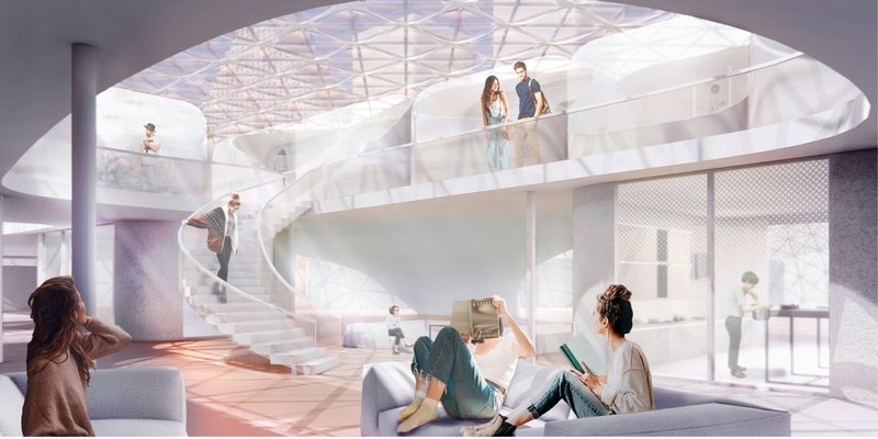 Communal lounge interior with a spiral staircase, triangulated dome ceiling, soft seating, and residents reading and relaxing across two levels