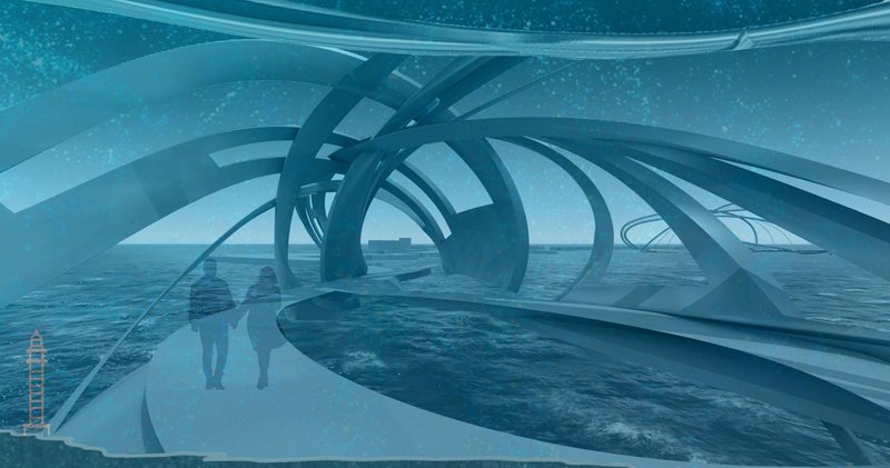 A futuristic underwater pathway blending architecture and marine beauty