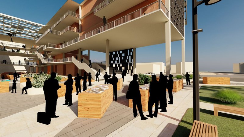 Vibrant outdoor plaza with open vendor spaces, fostering community engagement and trade.