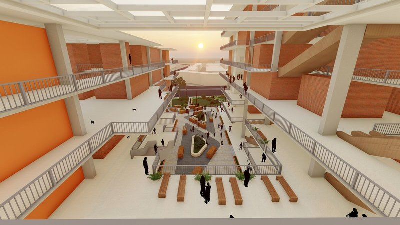 Sunset view from the elevated plaza space, highlighting sustainable design.