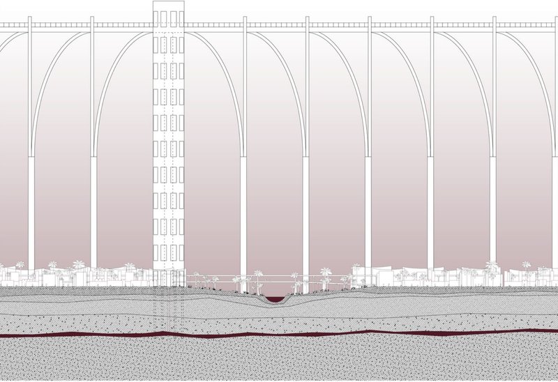 Architectural section showing arched structural bays, underground water systems, and habitation levels