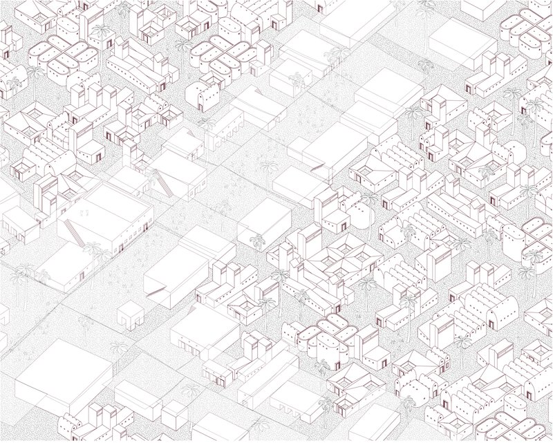Axonometric drawing of the dense urban fabric with courtyards, shaded streets, and varied building forms