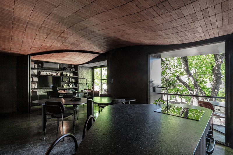 Dining area beneath curved timber ceiling with large window framing outdoor tree canopy
