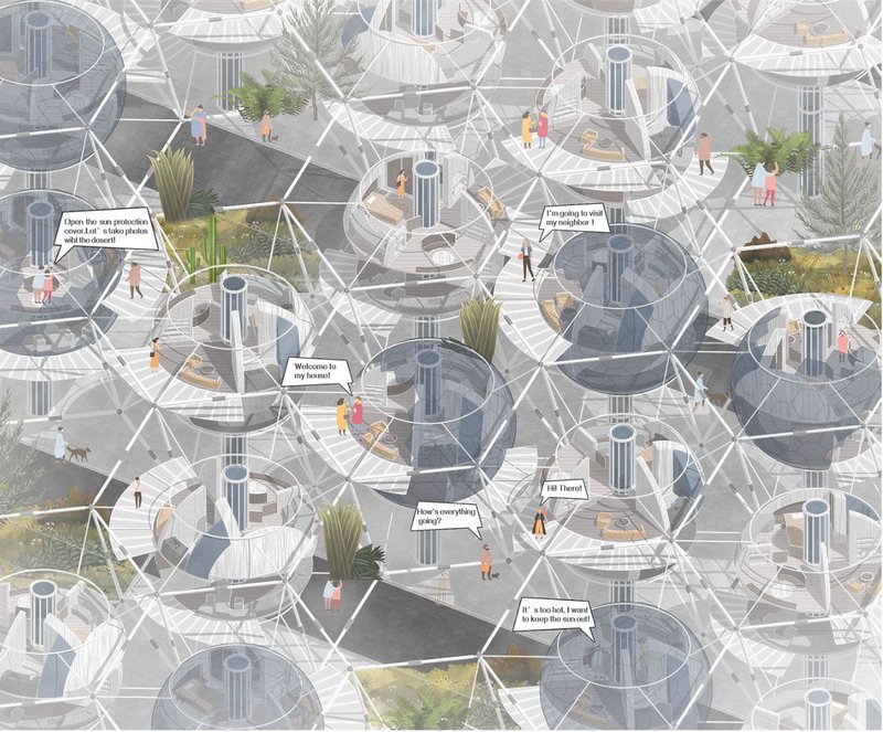 Aerial view of interconnected spherical dwellings with central water towers and communal pathways