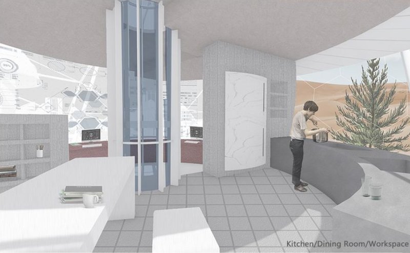 Kitchen, dining, and workspace interior with desert views through the curved shell