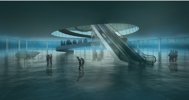 An immersive underwater exhibit showcasing marine life and innovative design within the Athena Museum.