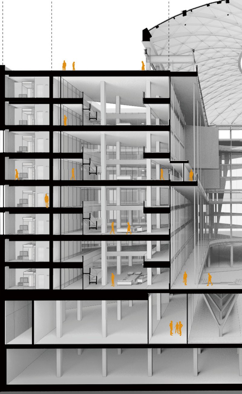 A detailed vertical layout showcasing public, semi-public, and private spaces interconnected through efficient circulation.
