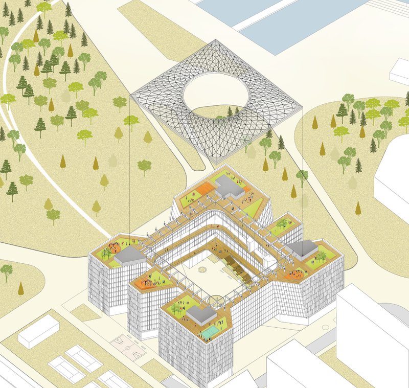 Green rooftop spaces for socializing and leisure, emphasizing sustainability and community interaction.