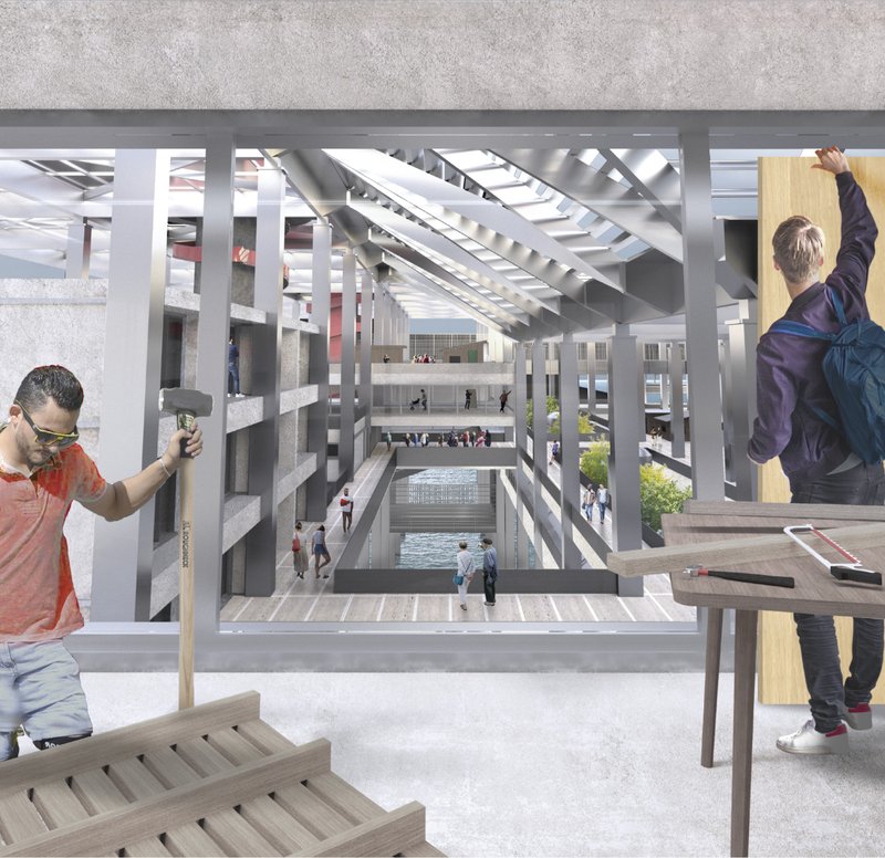 Multi-level interior courtyard with reflecting pool and visitors on timber platforms framed by concrete walls