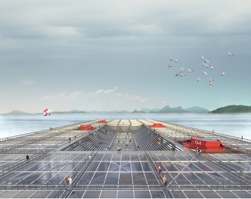 Aerial view of the solar panel rooftop with red service structures and birds flying overhead