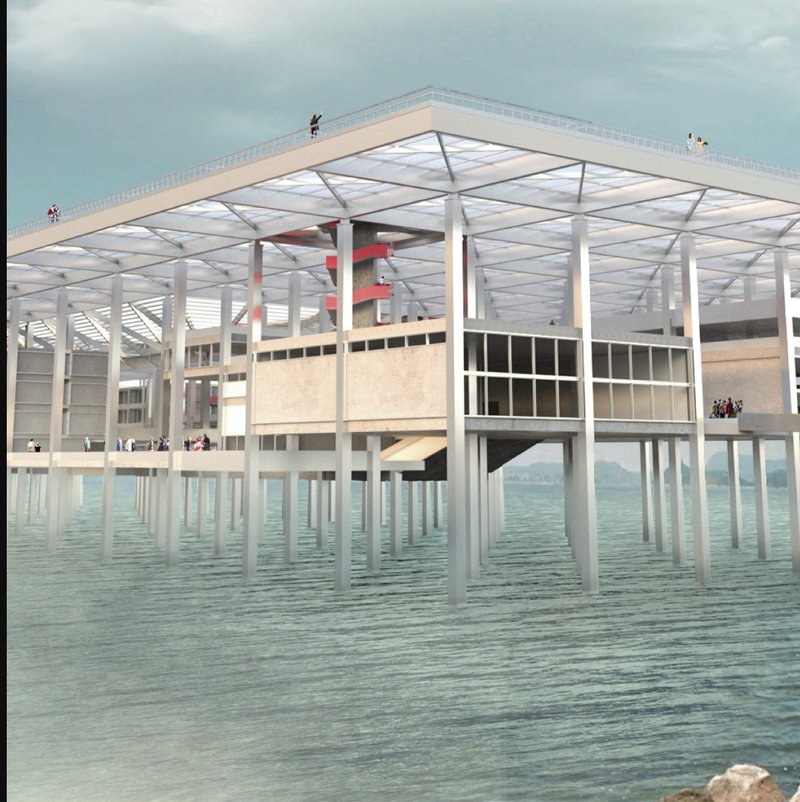 Waterfront elevation showing the white steel canopy structure supported on columns above the bay