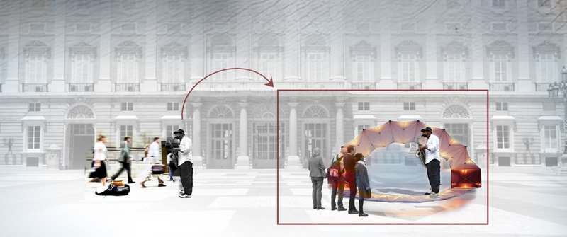 AeroStage creates an intimate performance space for a street musician, redefining urban art spaces with its adaptive design.