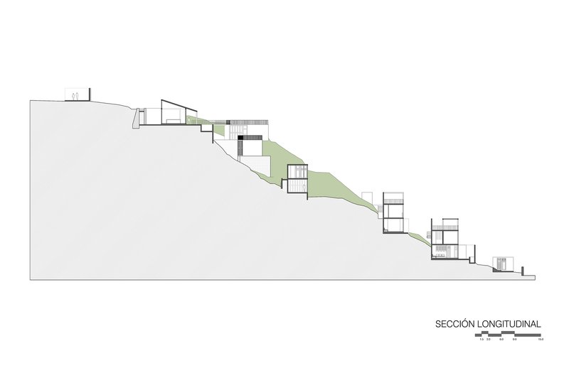 Longitudinal section drawing showing structures stepping down the hillside toward the lower elevation