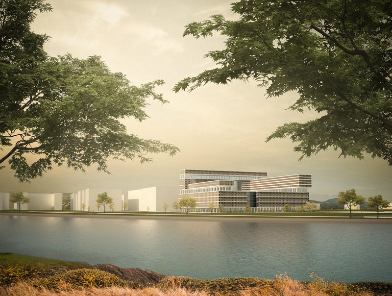 Perspective of the residential complex, blending nature with modern architecture.