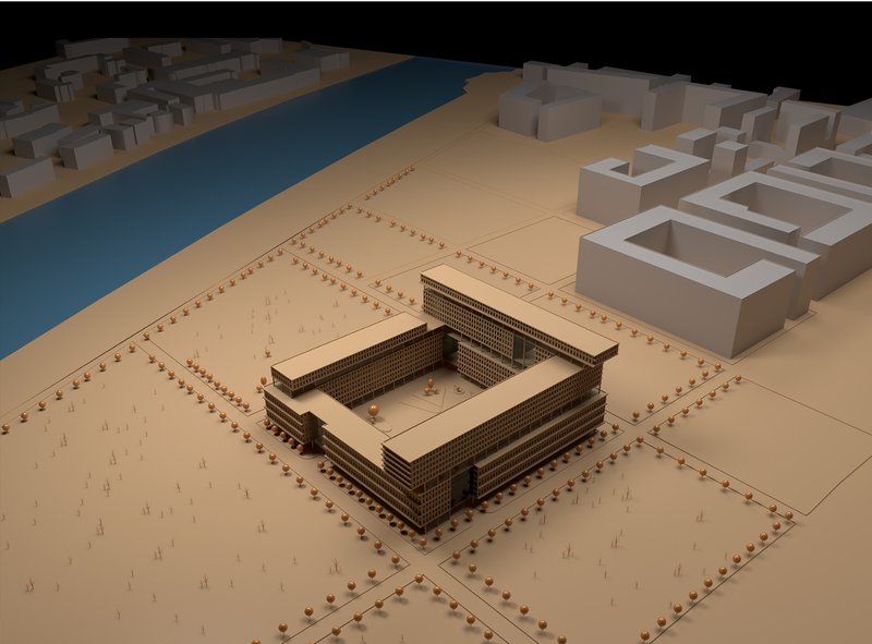 Aerial view highlighting the project's integration into the urban landscape.