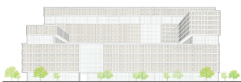 Sectional view detailing connections between residential and public spaces.