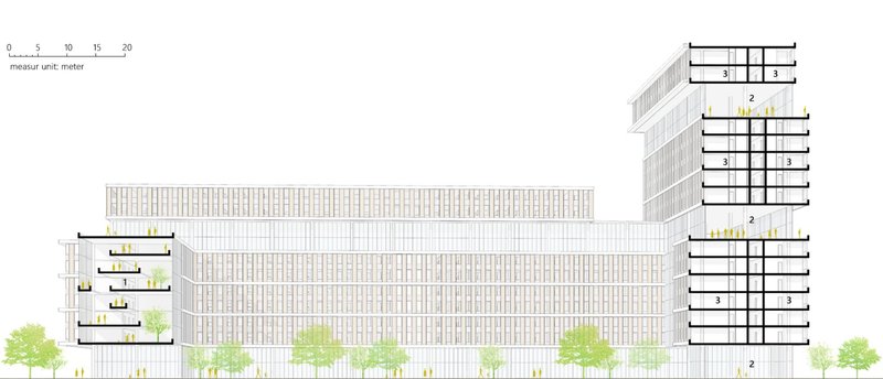 Sectional view illustrating the seamless integration of living, public, and connection spaces, emphasizing vertical and horizontal continuity.