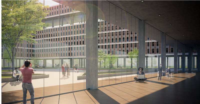 Courtyard design promoting open, green, and interactive public areas.