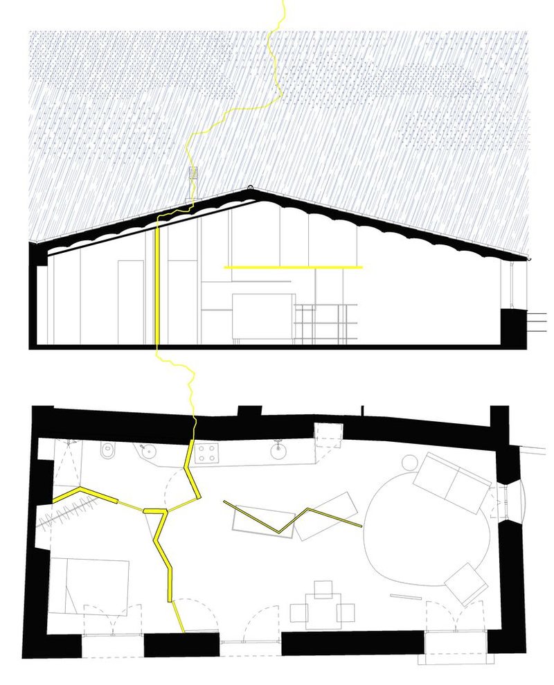 Section and floor plan drawings showing interior layout with curved walls and sloped roof