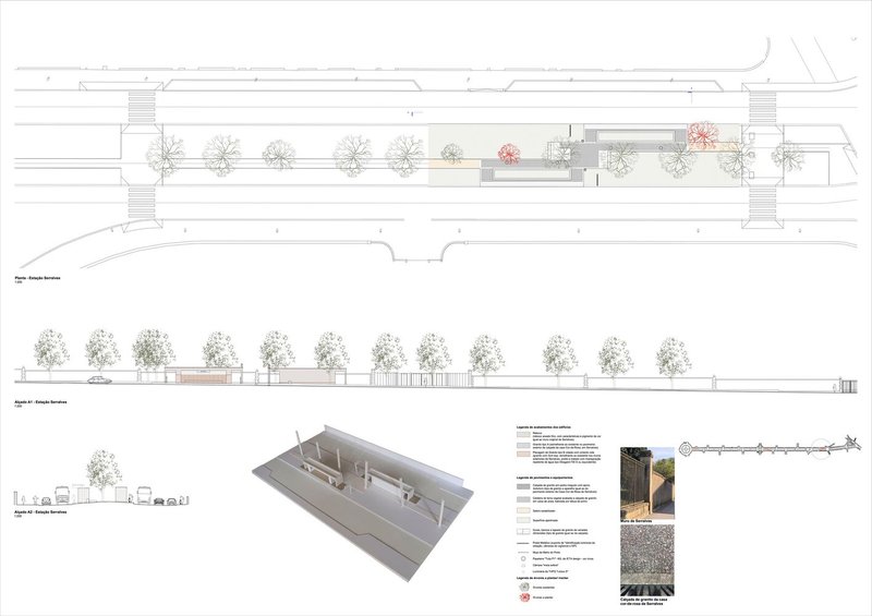 Site plan and elevation drawings showing linear layout with tree canopy and material specifications