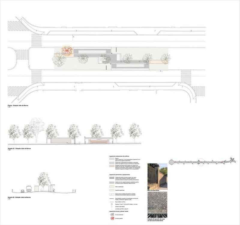 Site plan and section drawings illustrating building placement between roadways with tree plantings
