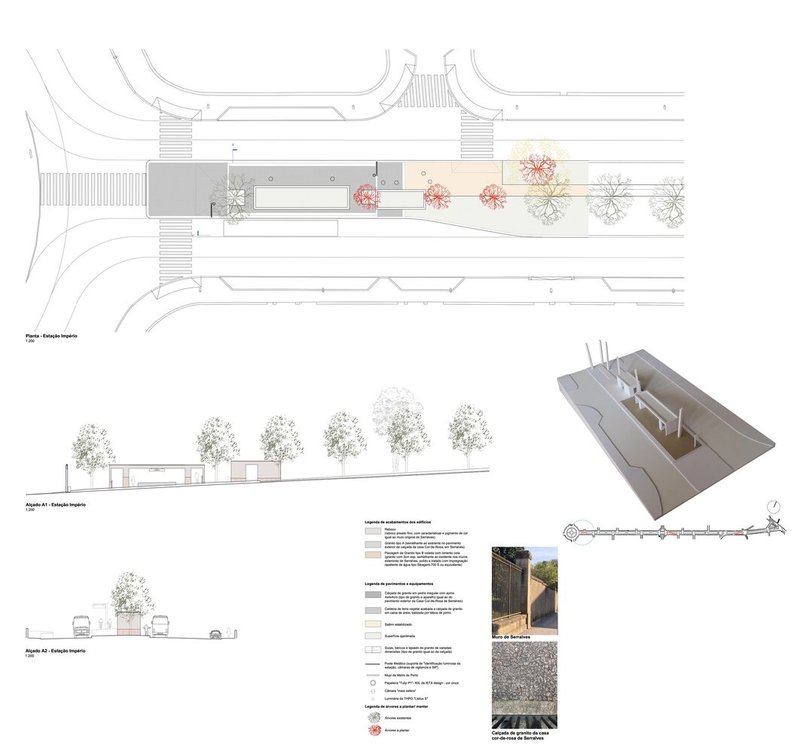 Site plan with elevation and axonometric showing building volume between street trees and paving