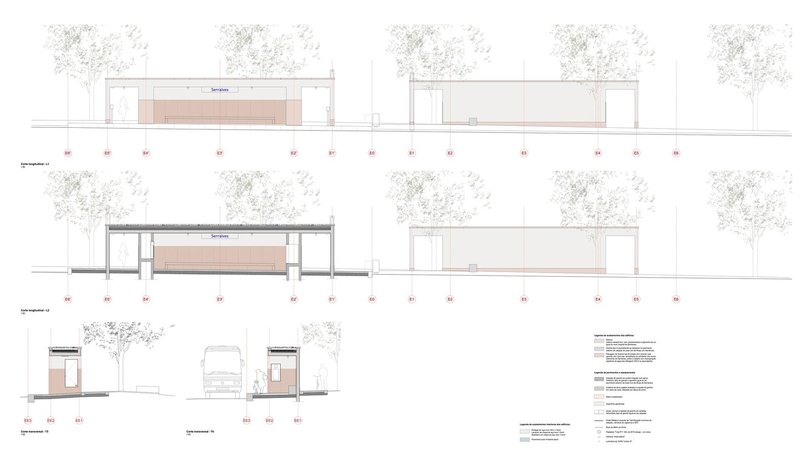 Elevation and section drawings showing pavilion modules with overhangs beneath tree canopies