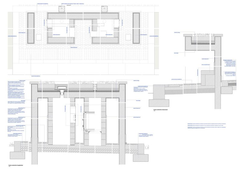 Plan and detail drawings showing building layout with interior spaces and material notations