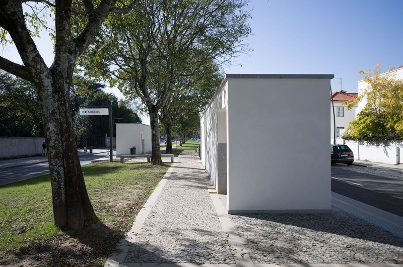 White concrete shelter volume along a cobblestone path under mature tree branches