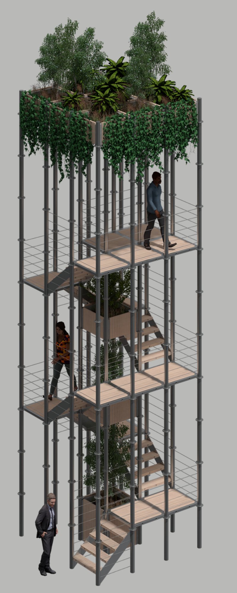 A modular tower blending greenery and observation for a unique urban perspective.