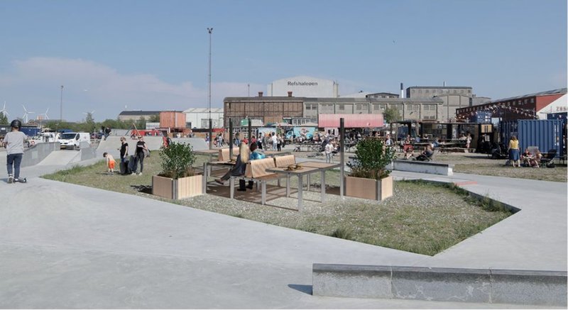 Modular spaces for public activities at Refshaleøen's vibrant urban hub.