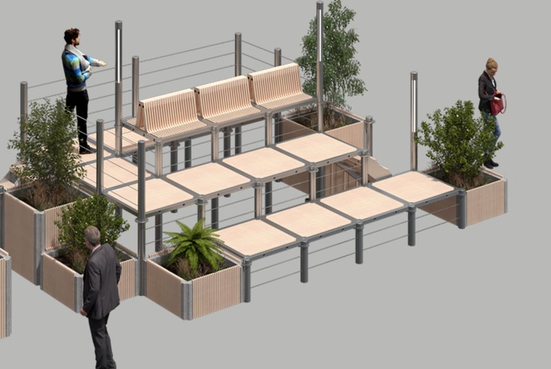 Multi-level modular seating with built-in planters promotes urban interaction.