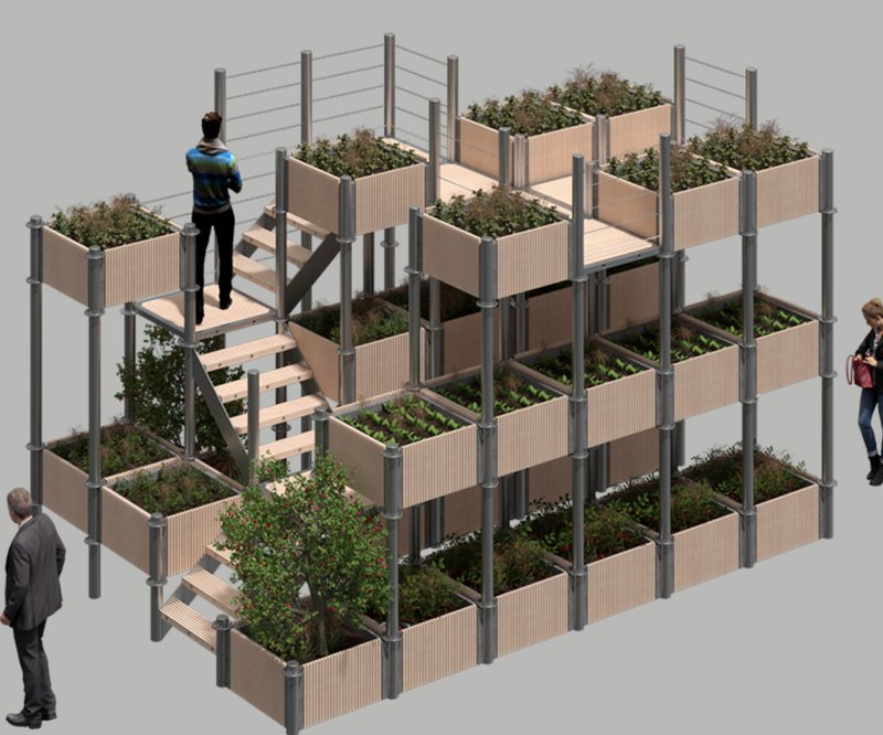 Urban farming reimagined: tiered modules combining greenery and functionality.